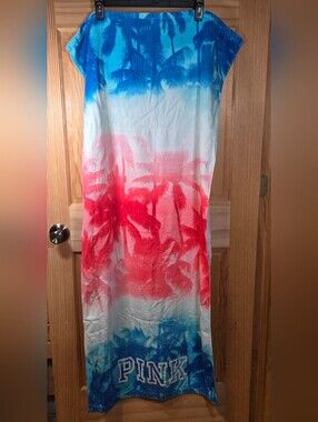 Victoria's Secret Pink Beach Towel Ombre Palm Tree Blue Pink White Cotton 58x28